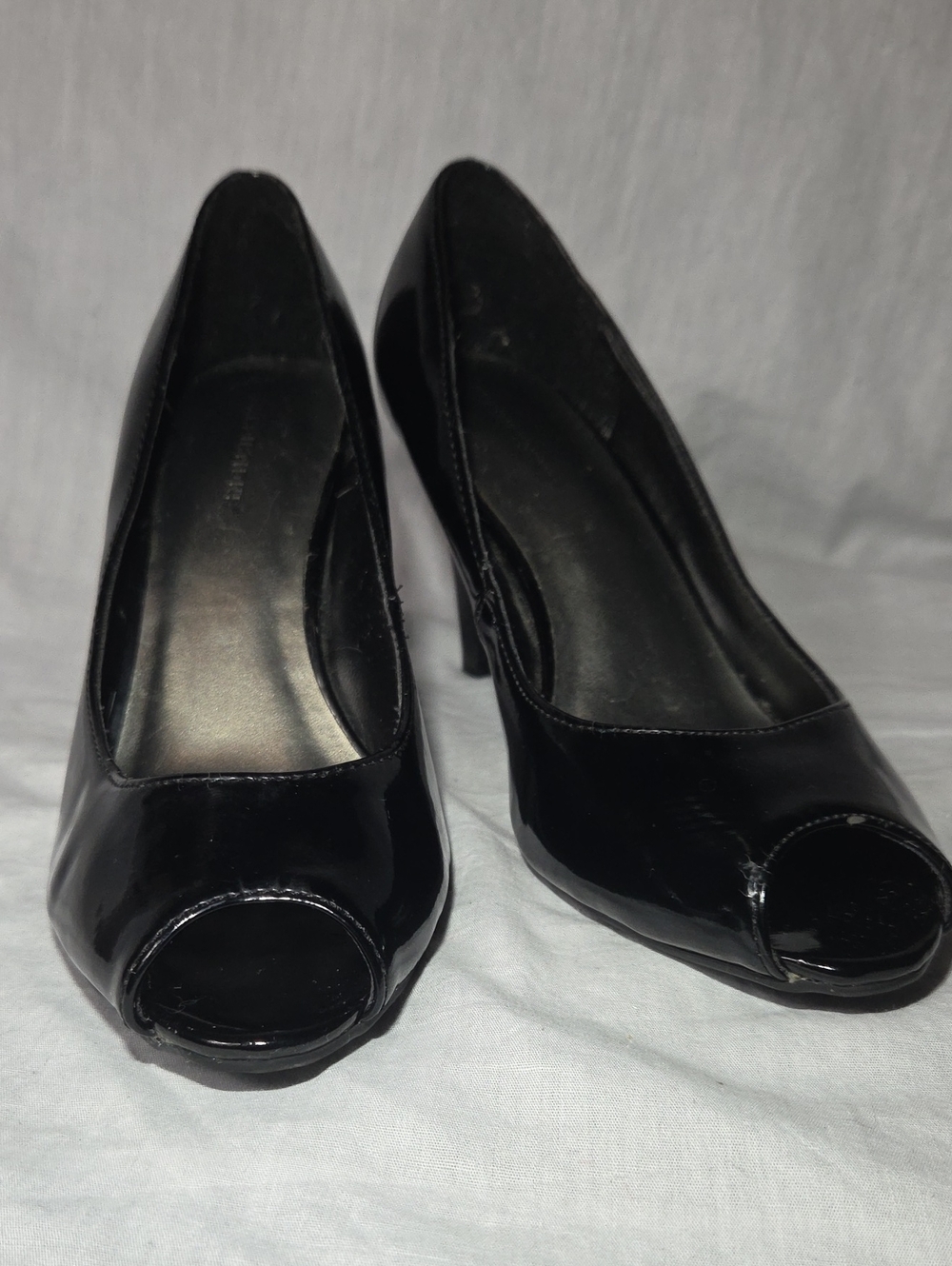 PREDICTIONS Black Peep Toe 7.5 High Heel Man-Made Leather Open Toe Womens 7 1/2